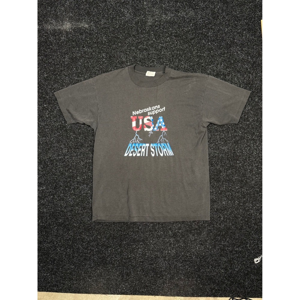 Vintage 1991 Hanes Desert Storm VG Day T-Shirt XL Nebraskans Support USA Black